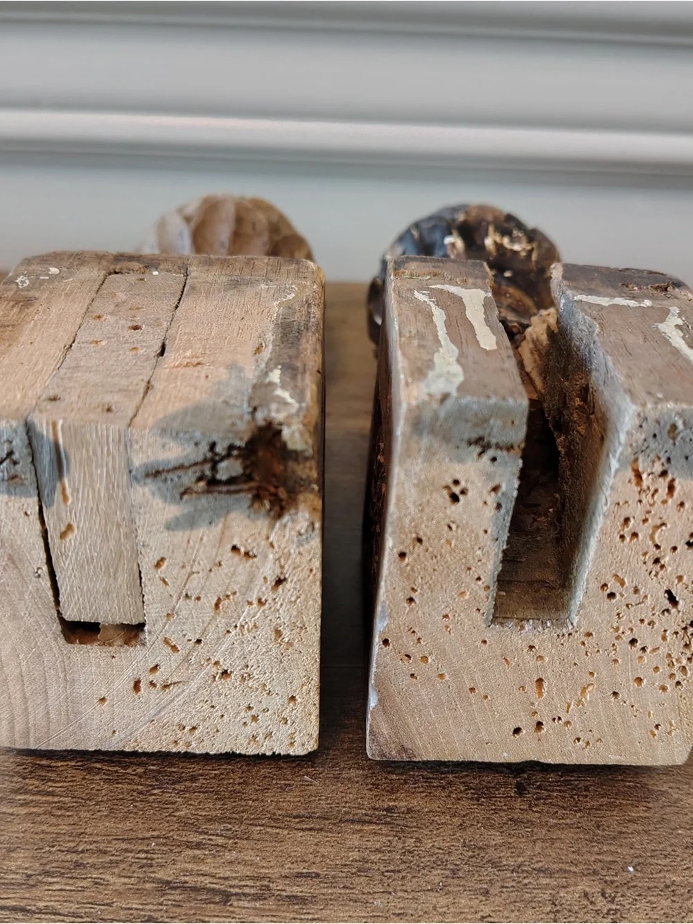 Antique Wood Staircase Finials Pair Carved Artichoke Newel Post Caps Salvage